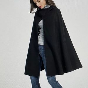 Women Black Wool Hooded Split Front Poncho Cape - Large